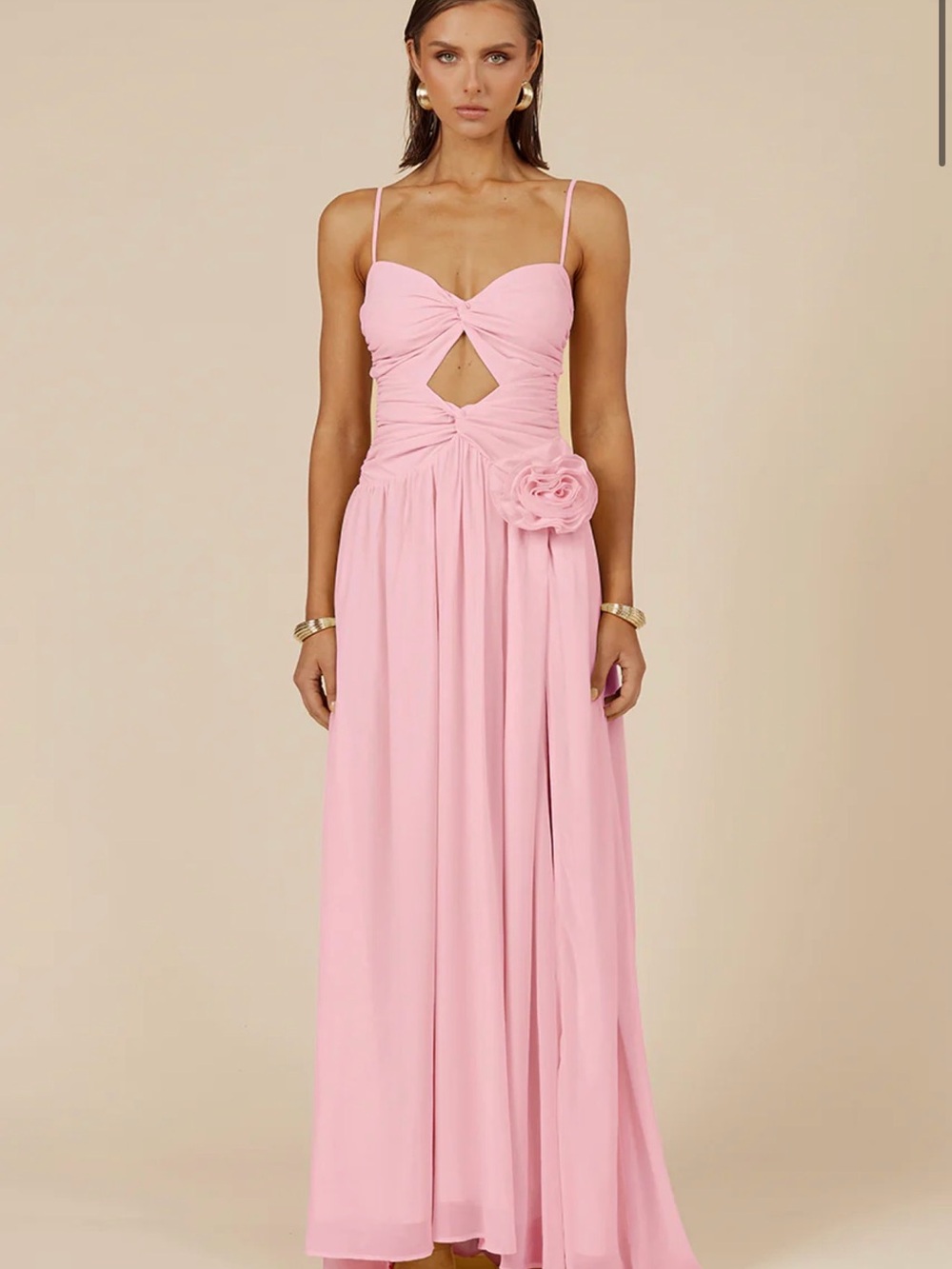 Spaghetti-Strap Pink Cutout Maxi Dress with Floral Accent